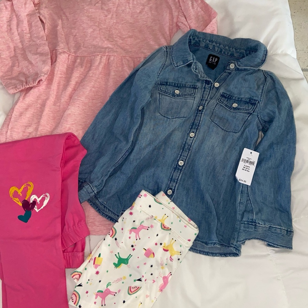 GAP 4T Kids Blue Denim Shirt Pink Dress Unicorn Pants Shorts
